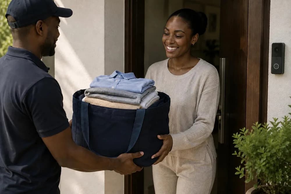 A vendor handing laundry back at the door