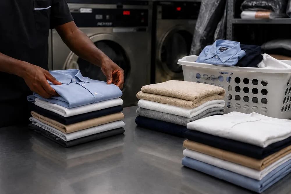 A vendor folding freshly cleaned laundry
