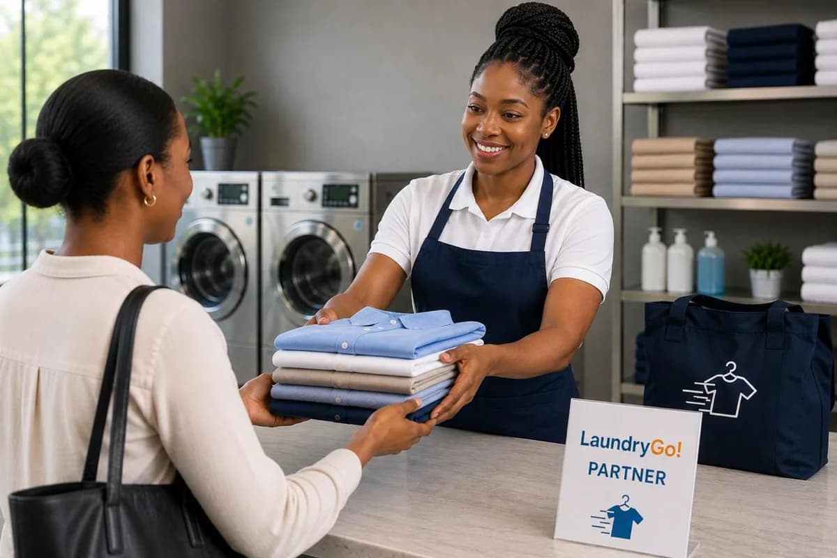 A laundromat owner sorting a customer order